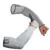 Gray cut-resistant arm sleeve being worn on an arm.