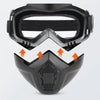 A pair of black retro anti-fog motorcycle goggles with a windproof shield shown from the front and side.