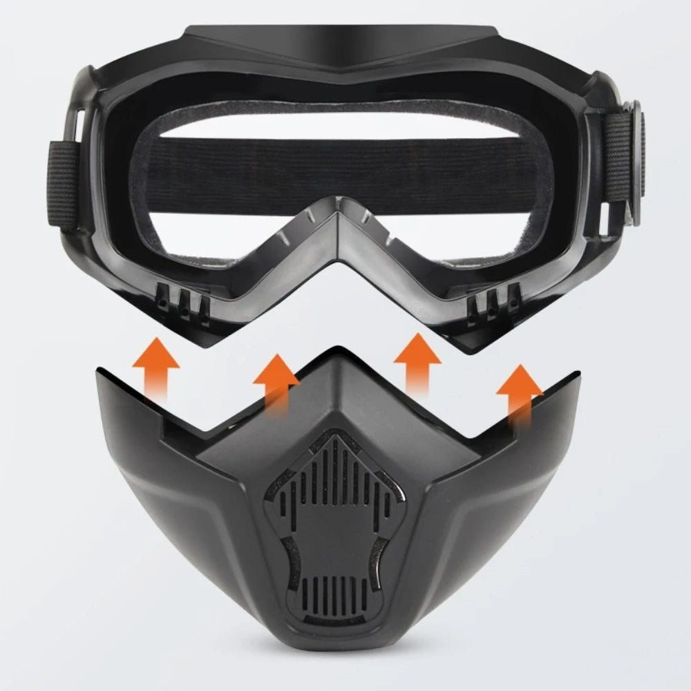 A pair of black retro anti-fog motorcycle goggles with a windproof shield shown from the front and side.