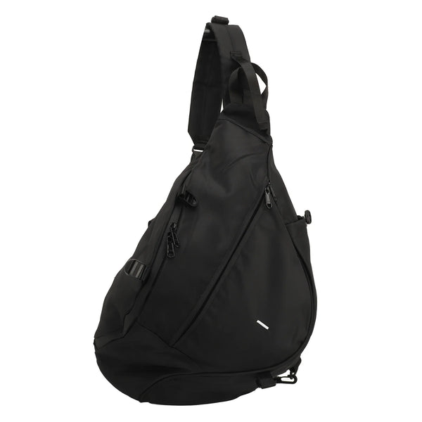Black waterproof Oxford sling bag designed for travel and outdoor use