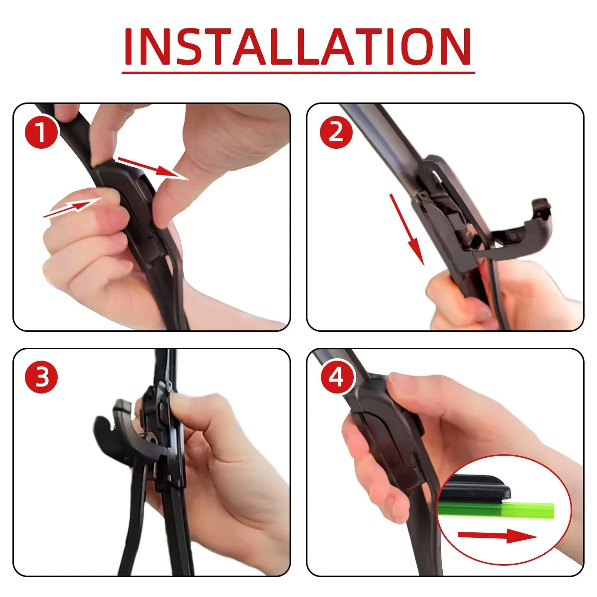 Installation steps showing how to attach a universal frameless windshield wiper blade using J/U hook fit.