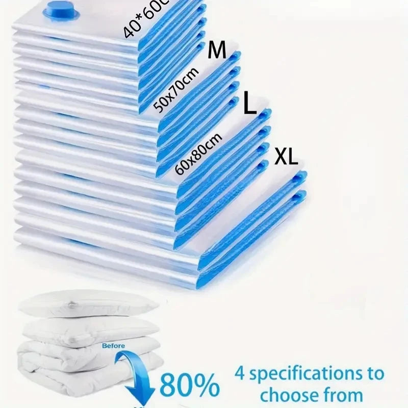 Stack of blue vacuum compression bags labeled M, L, and XL sizes for clothes and bedding
