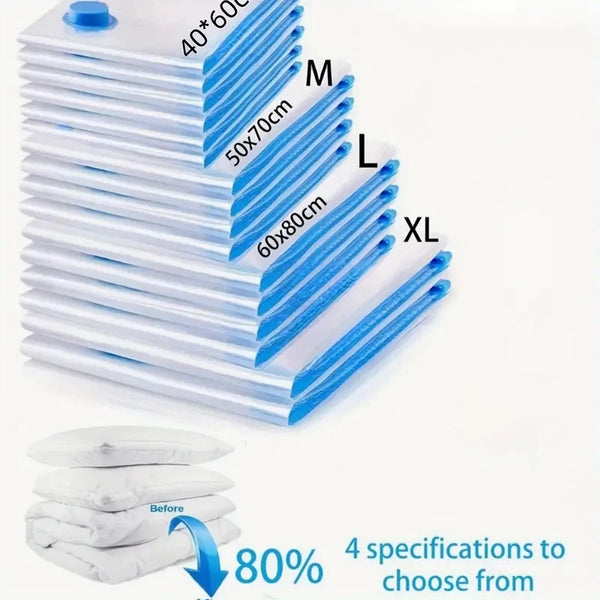 Stack of blue vacuum compression bags labeled M, L, and XL sizes for clothes and bedding