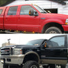 Close-up of a red Ford Super Duty pickup truck showing amber LED side mirror turn signal lights.