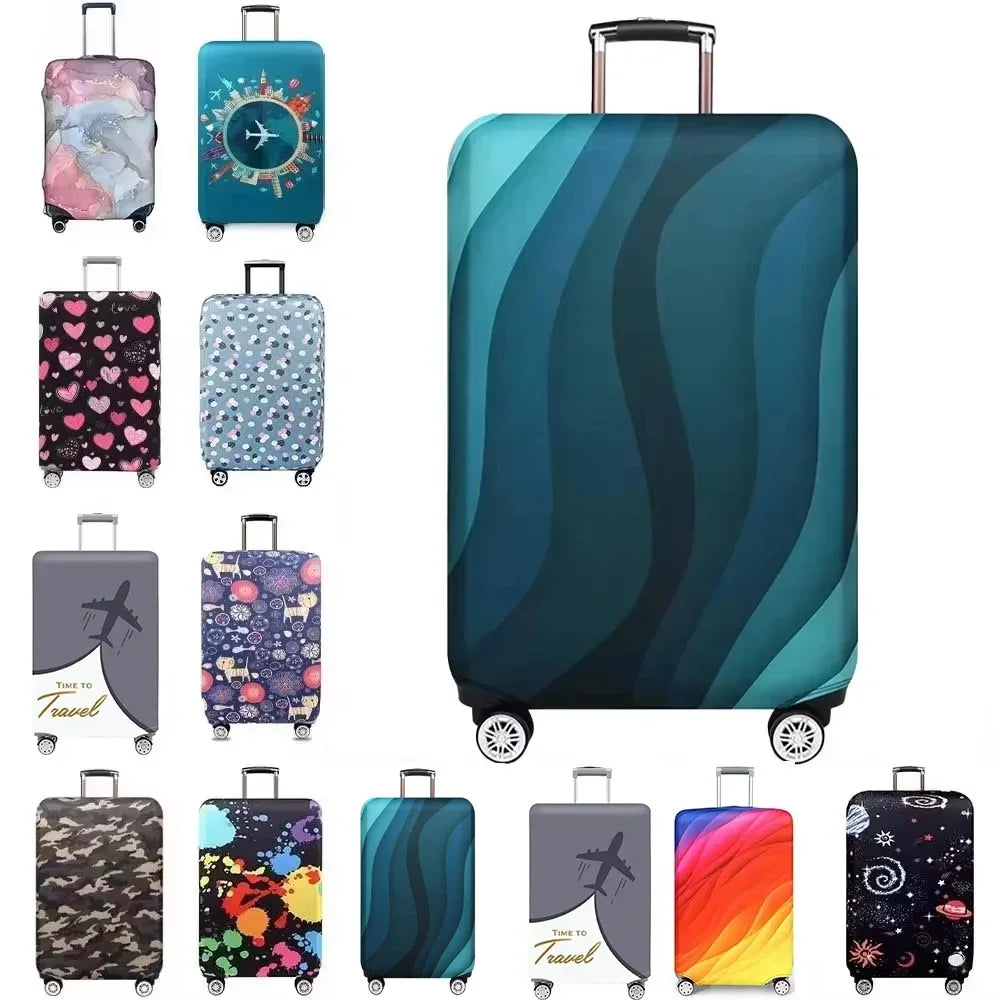A collection of various colored and patterned suitcase protector covers displayed in a row.