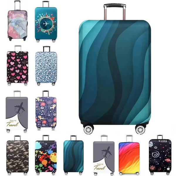 A collection of various colored and patterned suitcase protector covers displayed in a row.