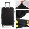 Black elastic luggage protector cover with a yellow letter print shown in various angles.