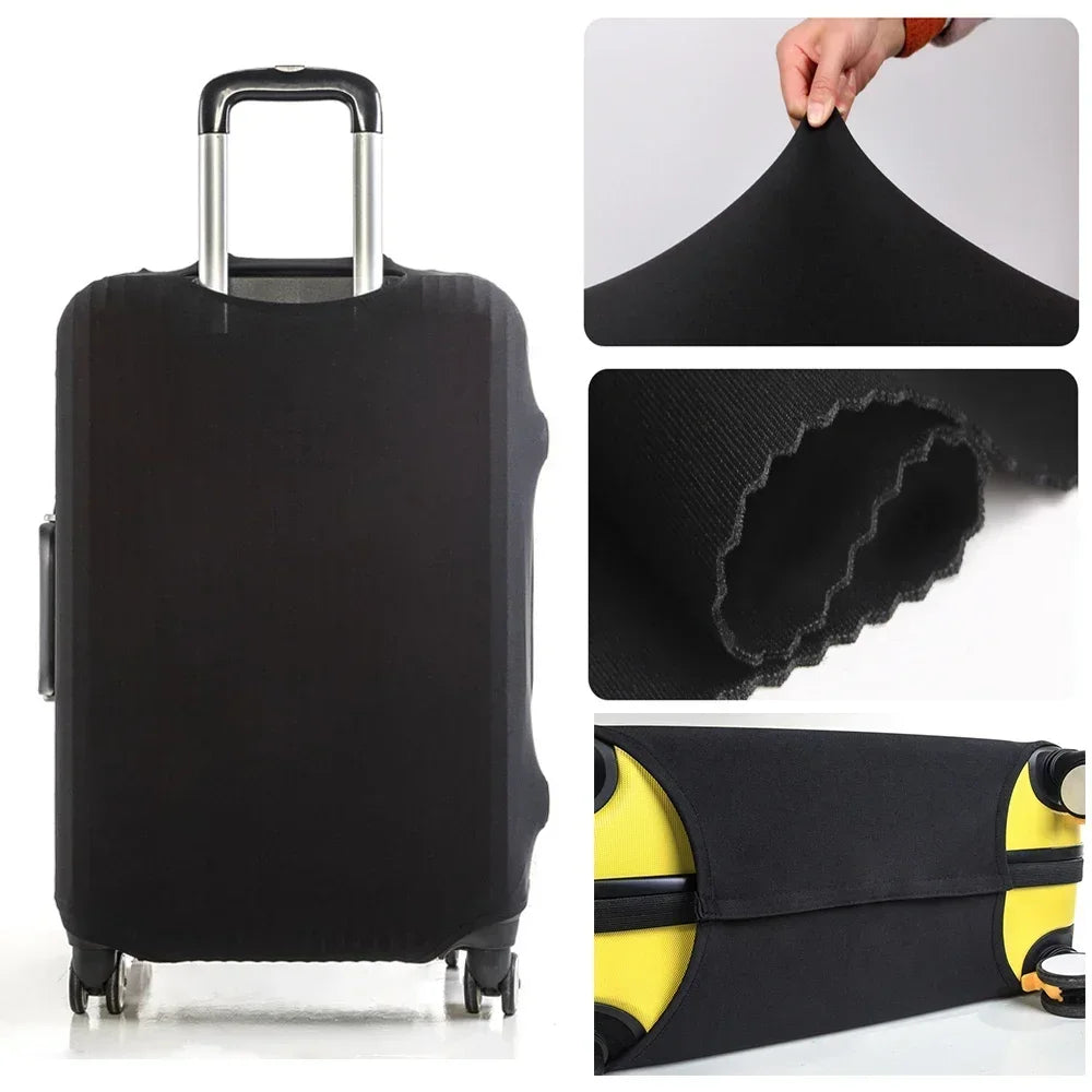 Black elastic luggage protector cover with a yellow letter print shown in various angles.