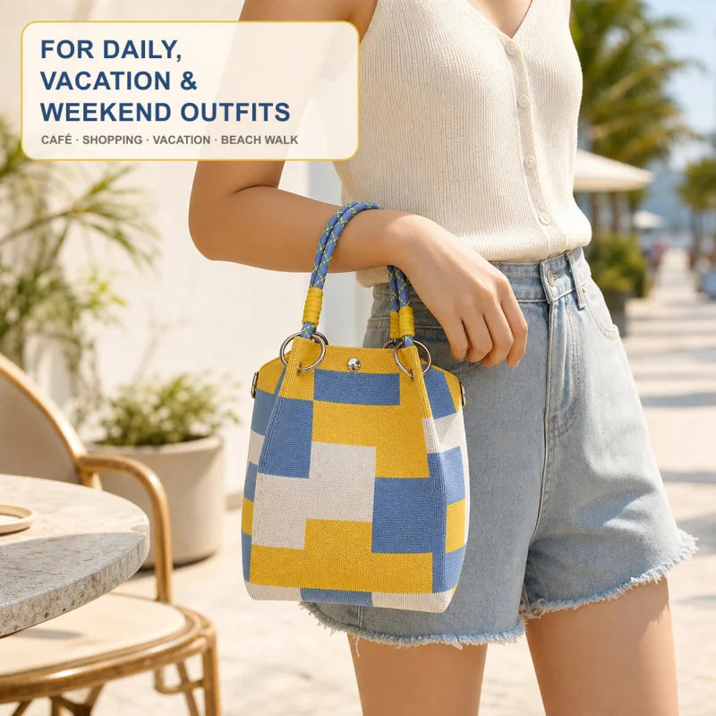 Mini Knitted Colorblock Bucket Bag with Detachable Handle