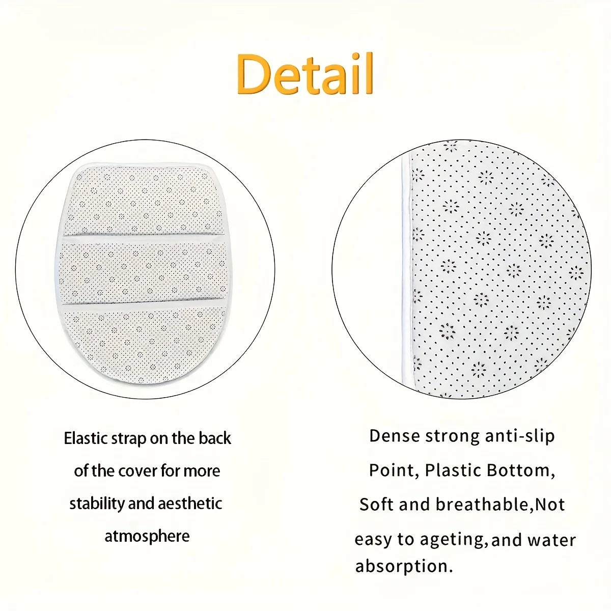 Detail view of a non-slip bathroom rug set showing the elastic strap on the back and the dense anti-slip point bottom of the 