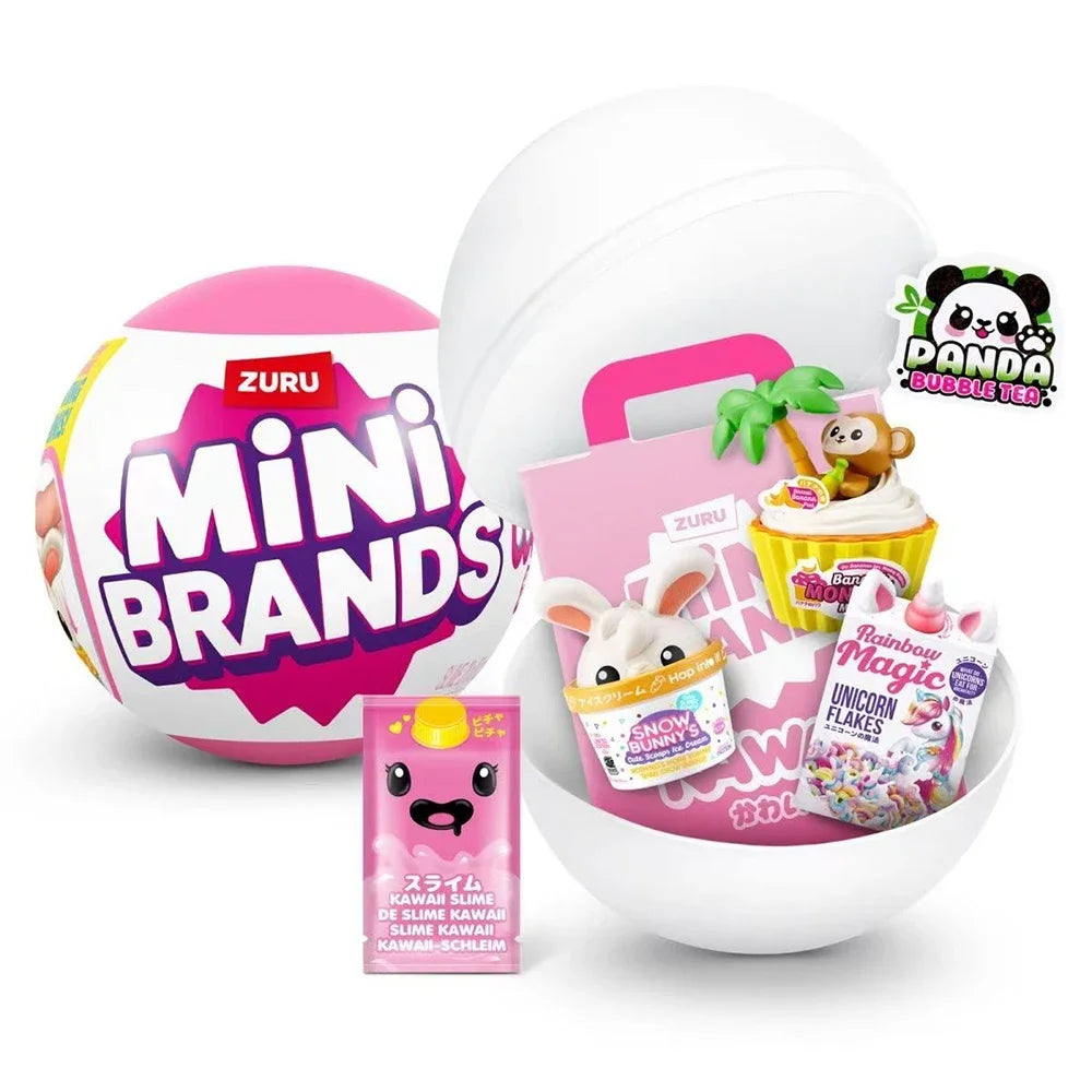 A white container holds a pink and yellow blind box featuring a cute panda character and various miniature food items.