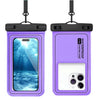 A purple waterproof floating phone case with a black strap, shown in a vertical view.