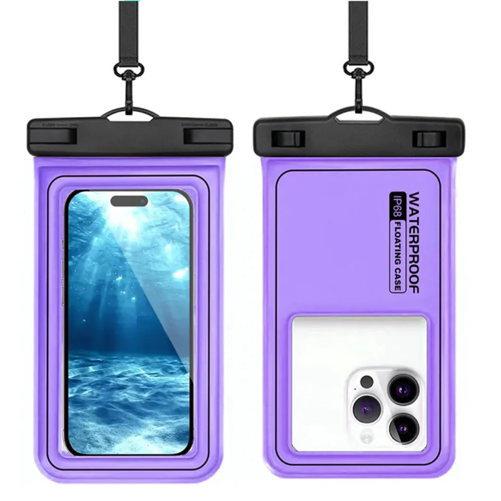 A purple waterproof floating phone case with a black strap, shown in a vertical view.
