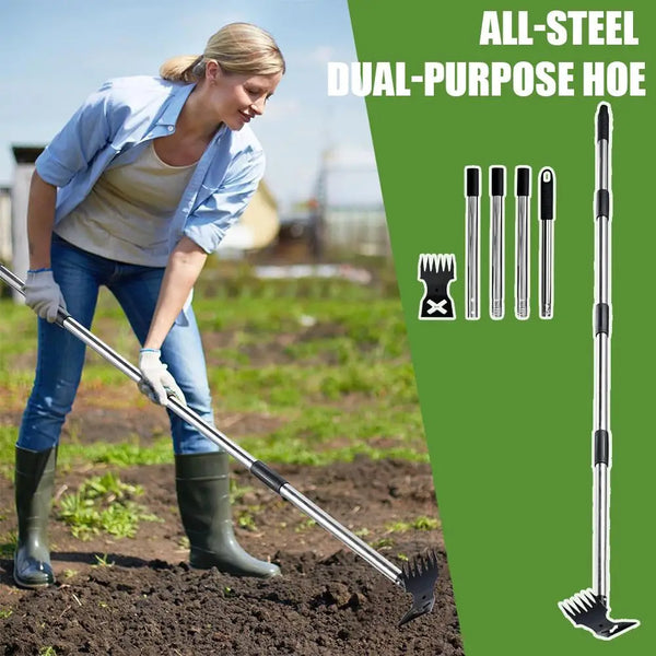 An adult woman is using an all-steel dual-purpose hoe and rake in a garden setting.