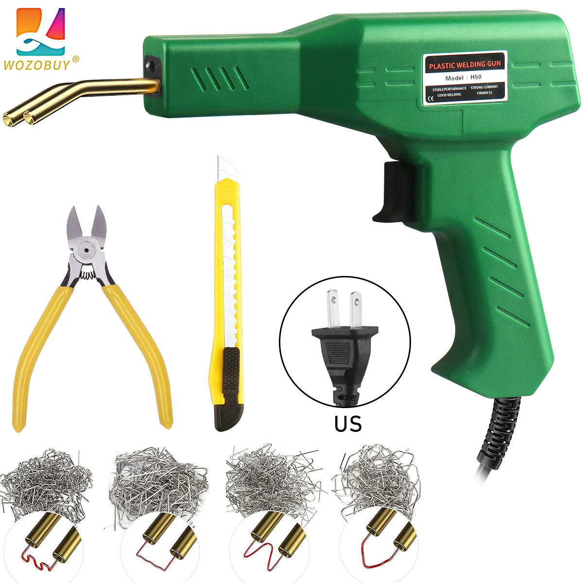 A green plastic welding gun and various tools including pliers, a wire, and metal staples for repair kit.