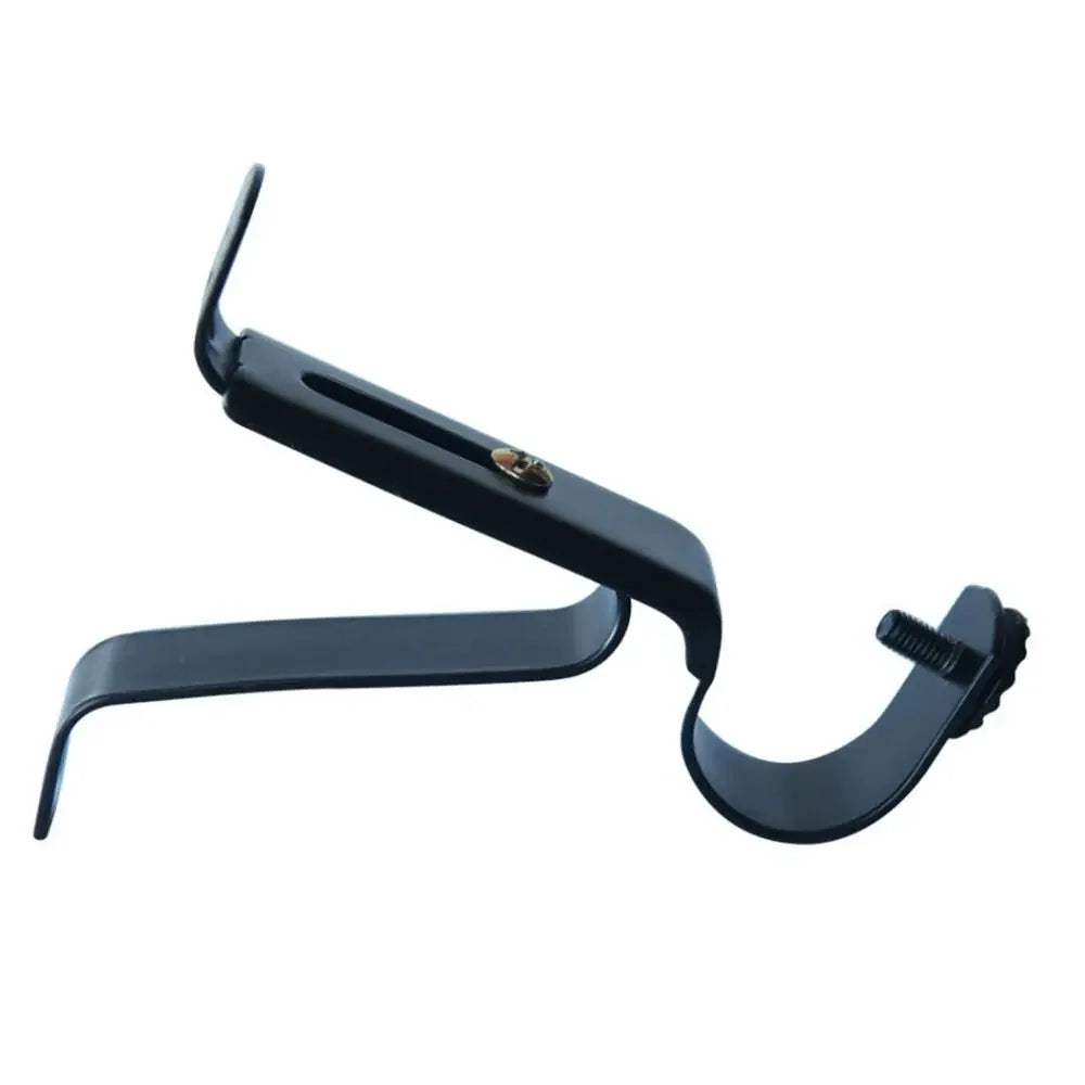 Black adjustable metal curtain rod brackets designed for wall mounting support.