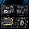 Close-up views of intricate mechanical components including a gear system, overbearing locomotive, precision drive chain, and