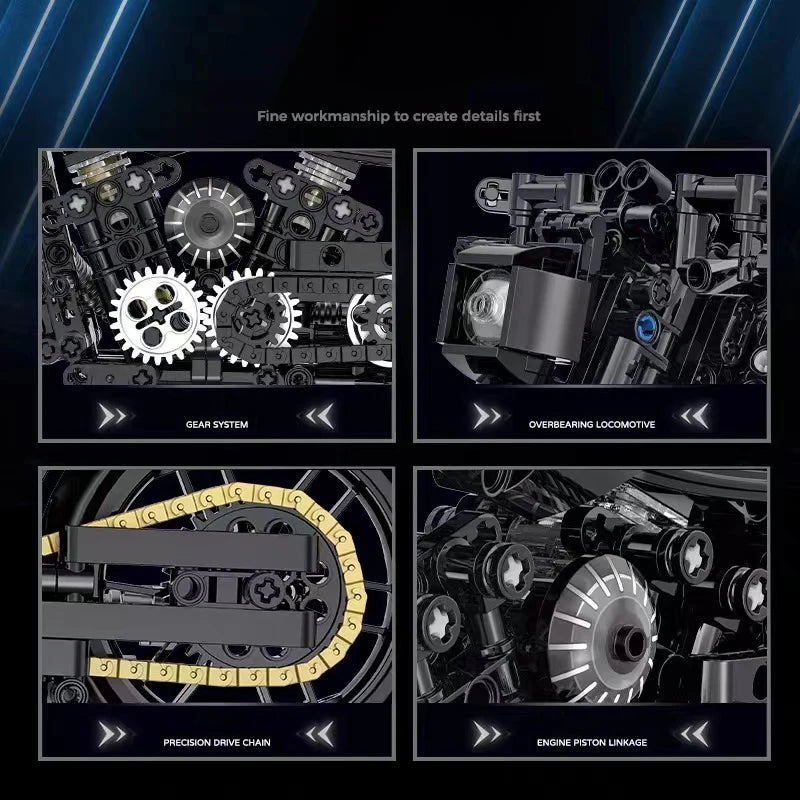 Close-up views of intricate mechanical components including a gear system, overbearing locomotive, precision drive chain, and