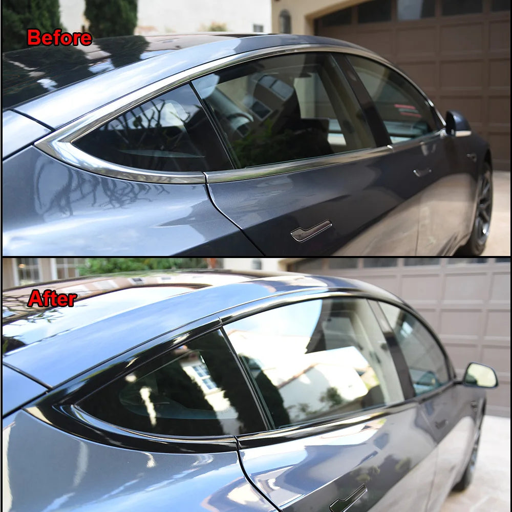 Before and after comparison of a glossy black vinyl wrap strip applied to the car trim.