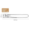 A stainless steel can opener with a handle and a long, thin blade is shown next to a measurement scale.