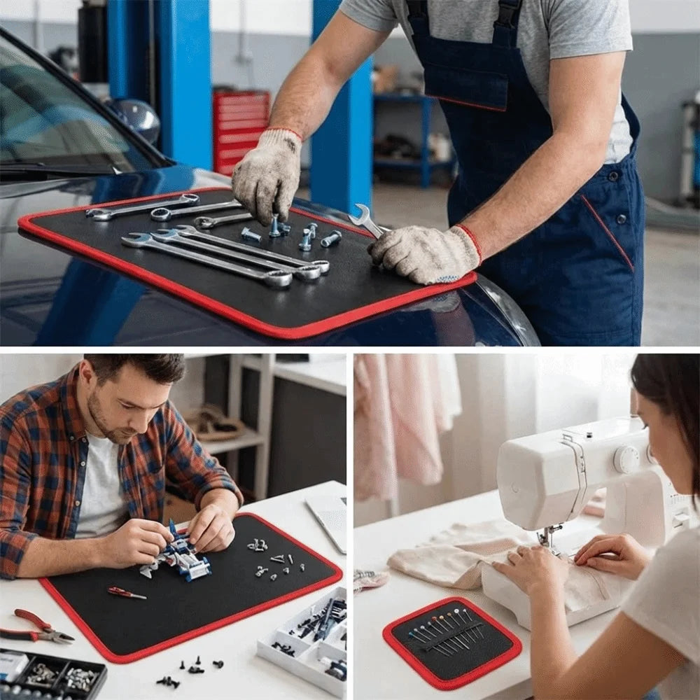 A collection of heavy-duty magnetic tools laid out on a black mat with red trim.