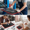 A collection of heavy-duty magnetic tools laid out on a black mat with red trim.