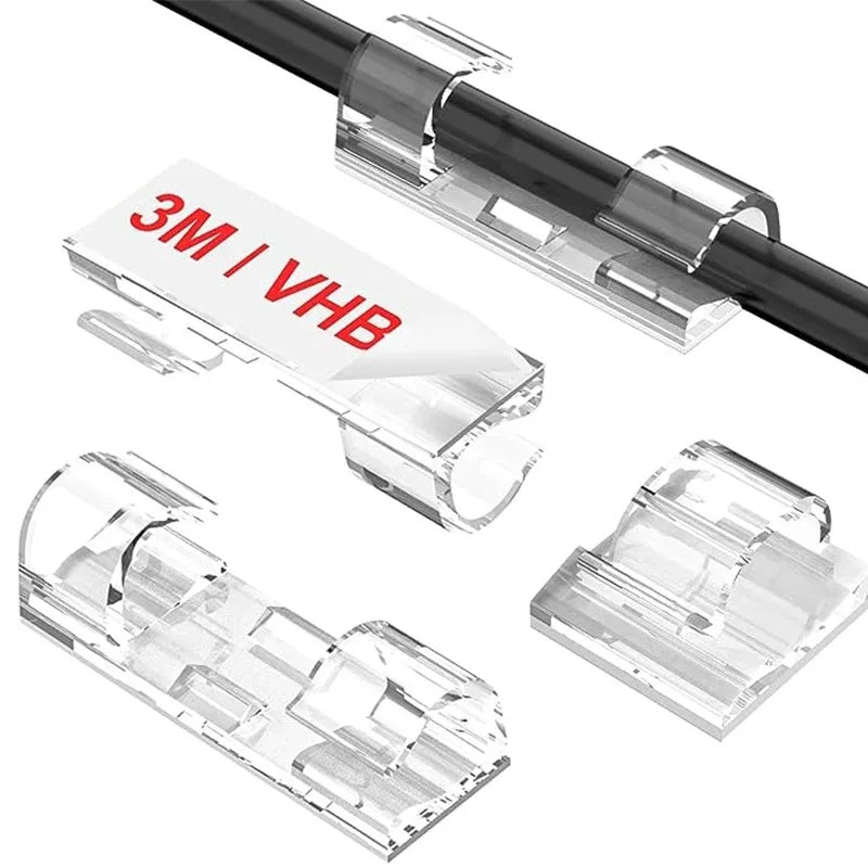 Clear plastic self-adhesive cable clips for cord management shown in various sizes and angles