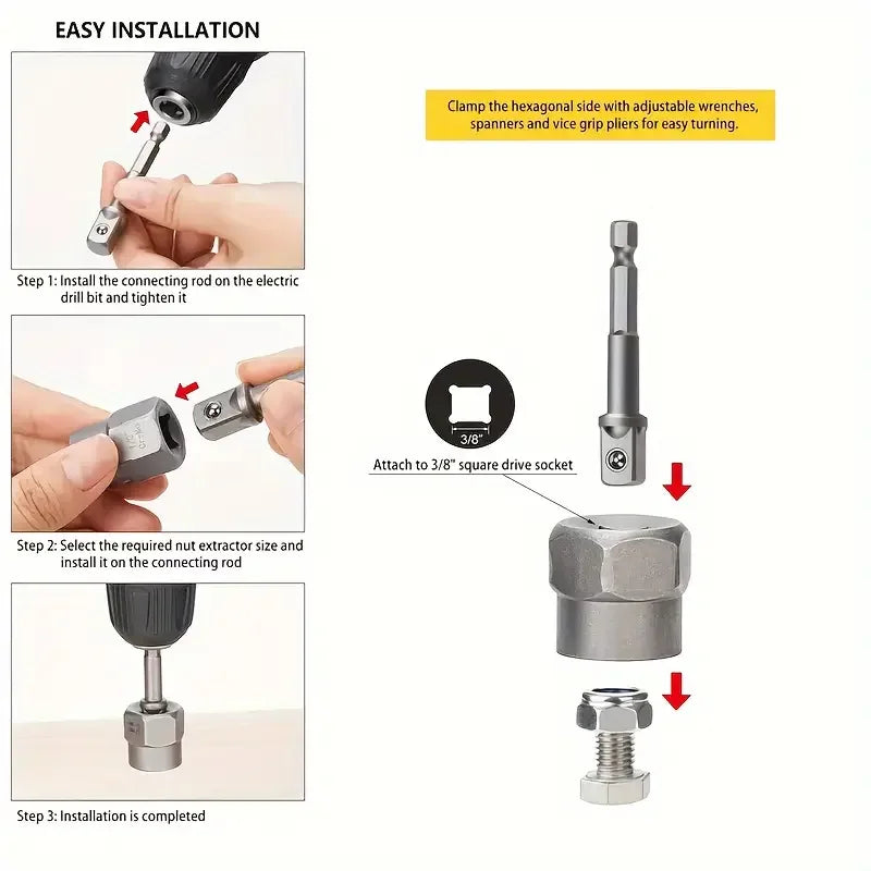 Instructions for installing an impact bolt and nut extractor set using wrenches and a drive socket.