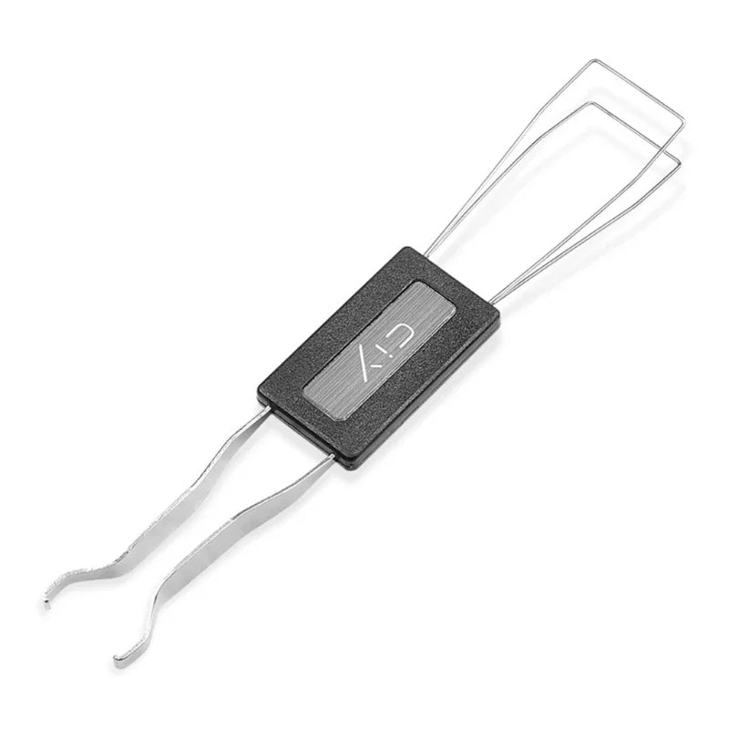 Anti-static keycap puller tool with a metal wire and a black plastic grip