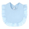 Light blue soft cotton baby bib in a bandana style with ruffled edges and a button closure
