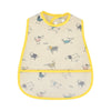 A light yellow baby feeding bib featuring various animal illustrations and a catch pocket.