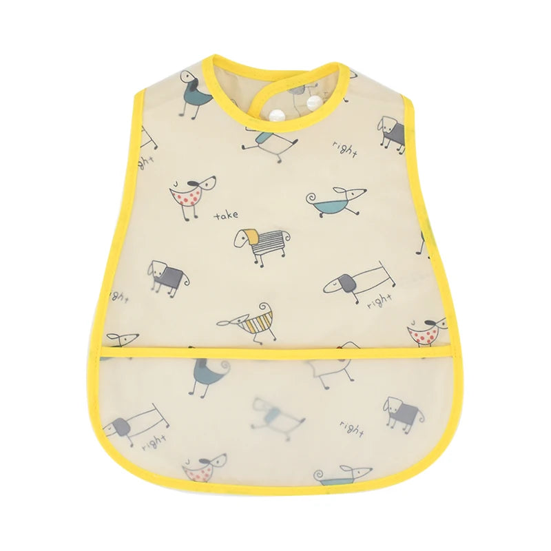 A light yellow baby feeding bib featuring various animal illustrations and a catch pocket.
