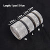 Rolls of crystal rhinestone ribbon stickers in various sizes S, M, L, and XL displayed on a dark background.
