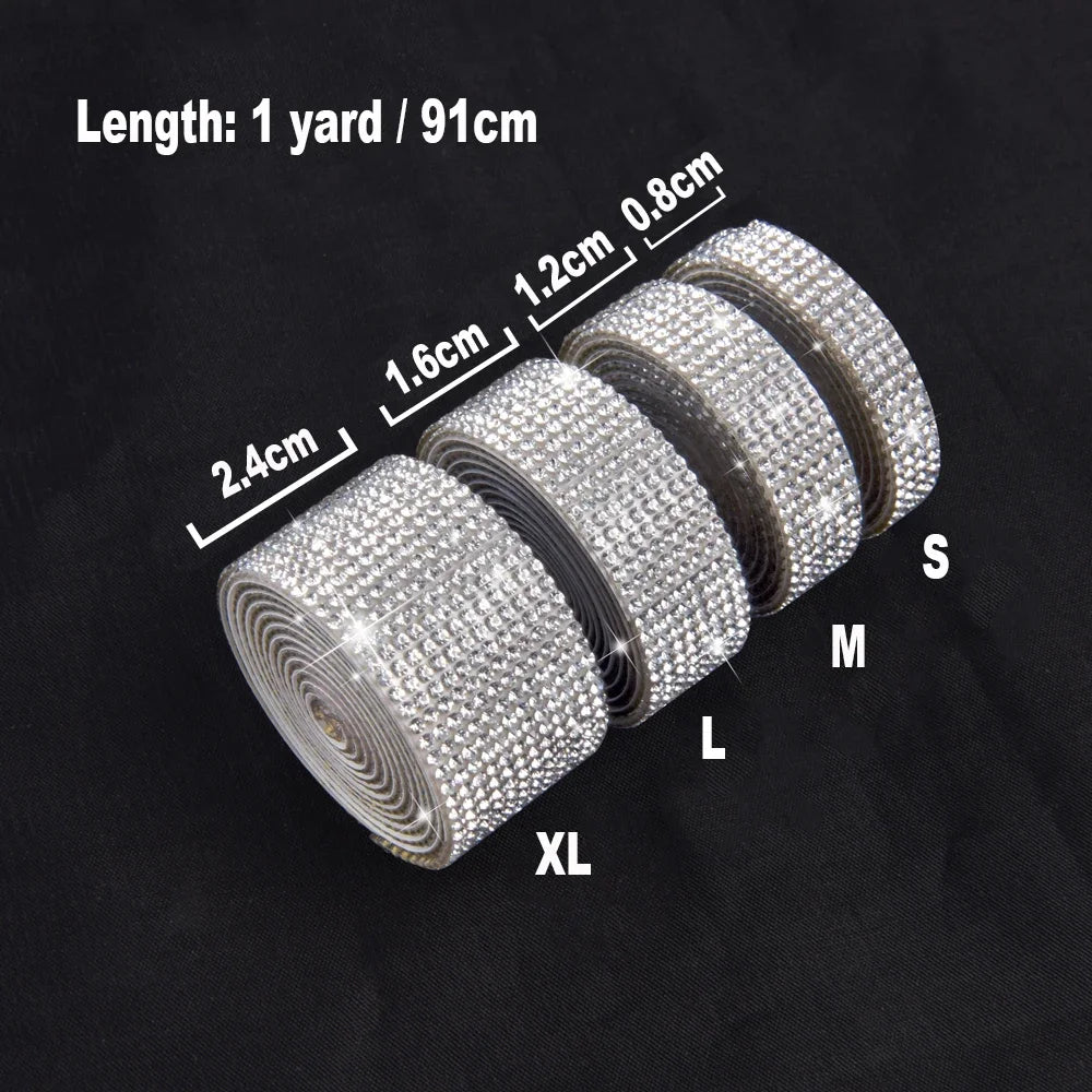 Rolls of crystal rhinestone ribbon stickers in various sizes S, M, L, and XL displayed on a dark background.