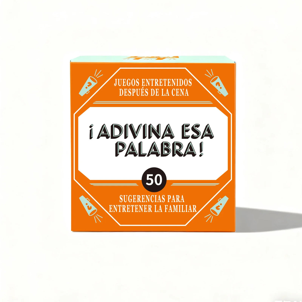 Box of a party game titled ¡Adivina esa palabra! with suggestions for families and friends.