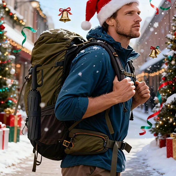 Hombre con chaqueta azul y mochila verde camina en la nieve con un paraguas plegable automático.