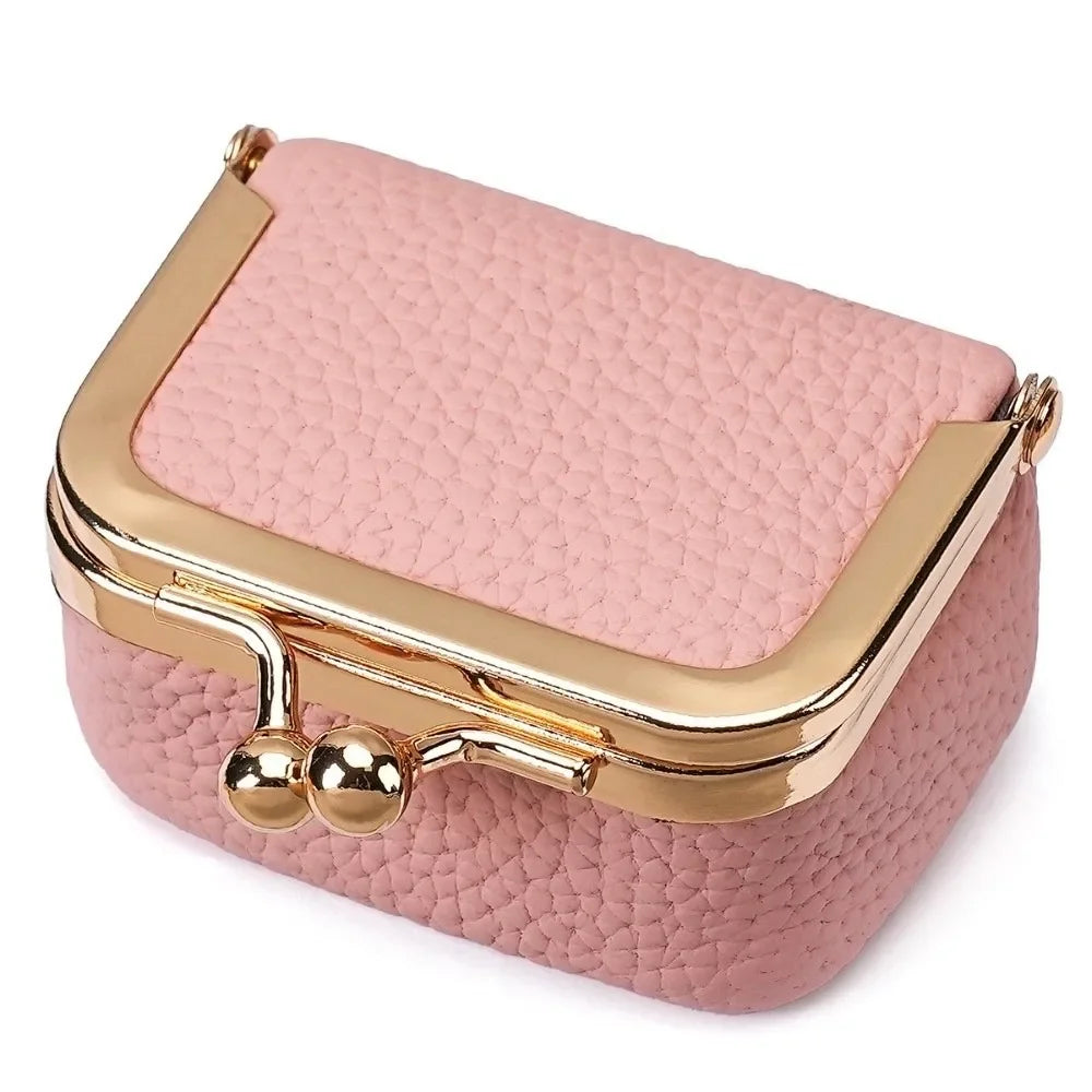 Genuine Leather Kiss Lock Coin Purse with Key Ring