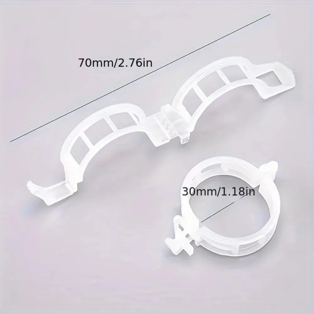 Clear plastic reusable plant clips for garden support and vine fixing shown with dimensions 70mm and 30mm