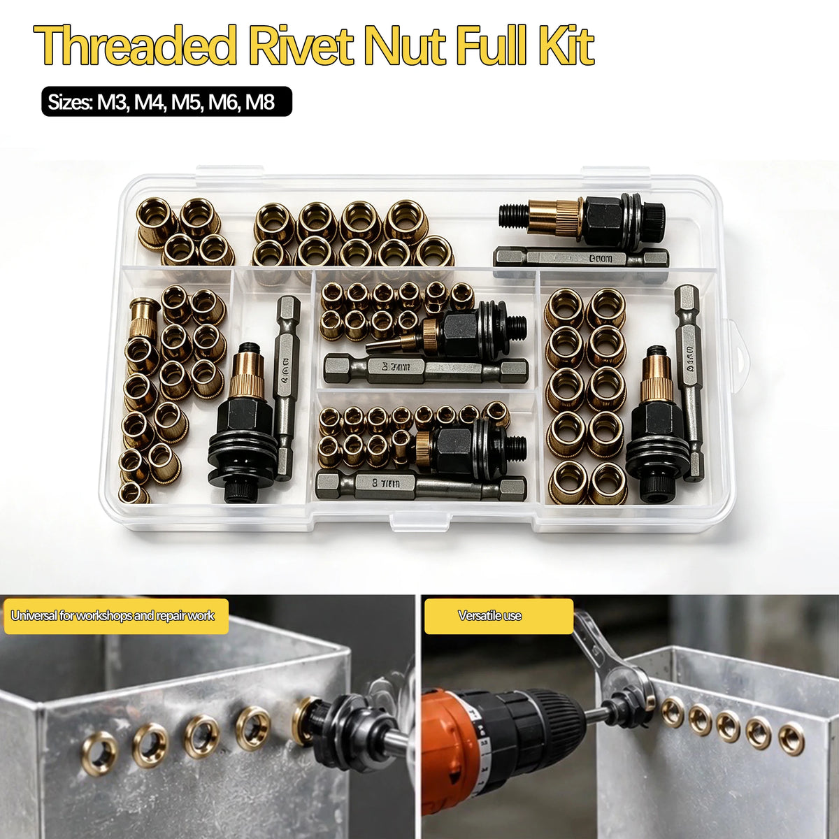 A clear plastic kit containing threaded rivet nuts of various sizes M3 to M8 along with installation tools.