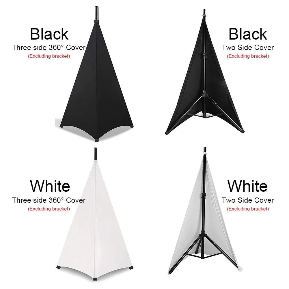 Various black and white universal stretchable speaker stand covers shown in three and two side configurations.