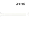 A white, adjustable steel tension curtain rod with hanging clips, measuring 30-50cm.