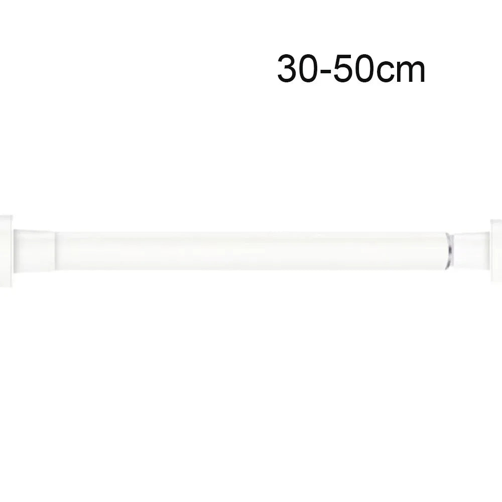A white, adjustable steel tension curtain rod with hanging clips, measuring 30-50cm.