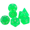 A set of seven transparent green polyhedral dice, including a d6, d8, d10, d12, d20, and three triangular dice.