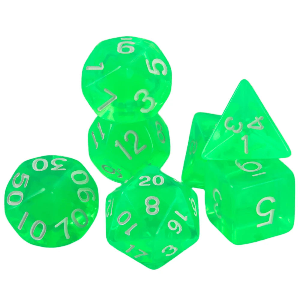 A set of seven transparent green polyhedral dice, including a d6, d8, d10, d12, d20, and three triangular dice.