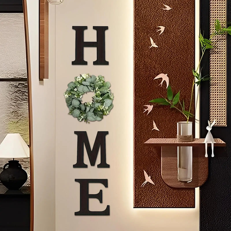Cartel de Pared Rústico de Madera con la Palabra 'HOGAR' y Corona de Eucalipto