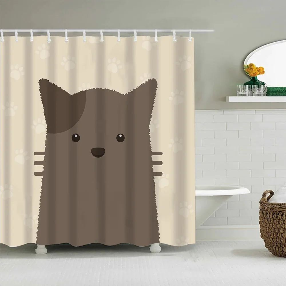 A beige shower curtain featuring a cute cartoon dog silhouette with dark brown fur and large ears.
