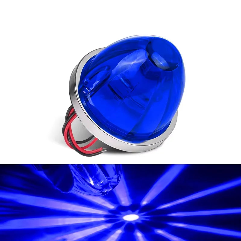 A close-up view of a blue waterproof LED side marker light assembly.