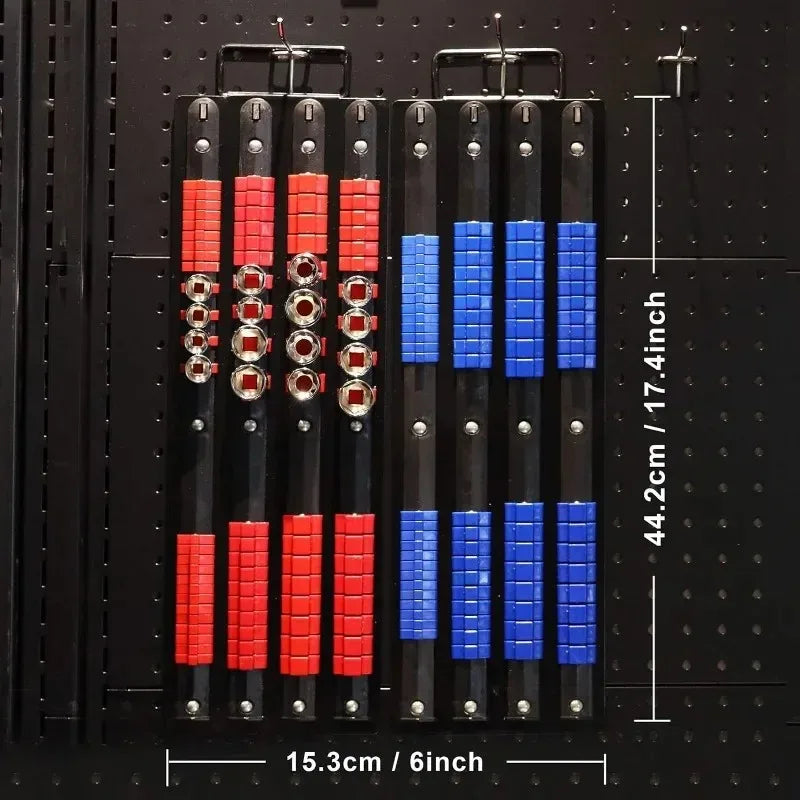 A portable socket organizer tray with a handle showing 80 individual sockets organized in red and blue rows.