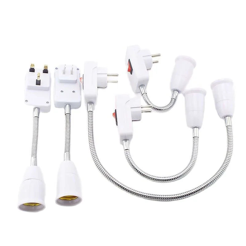 White E27 lamp holder extension adapter with on/off switch and flexible cord.