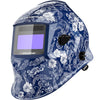 A blue and white auto-darkening welding helmet with a large true color view window.